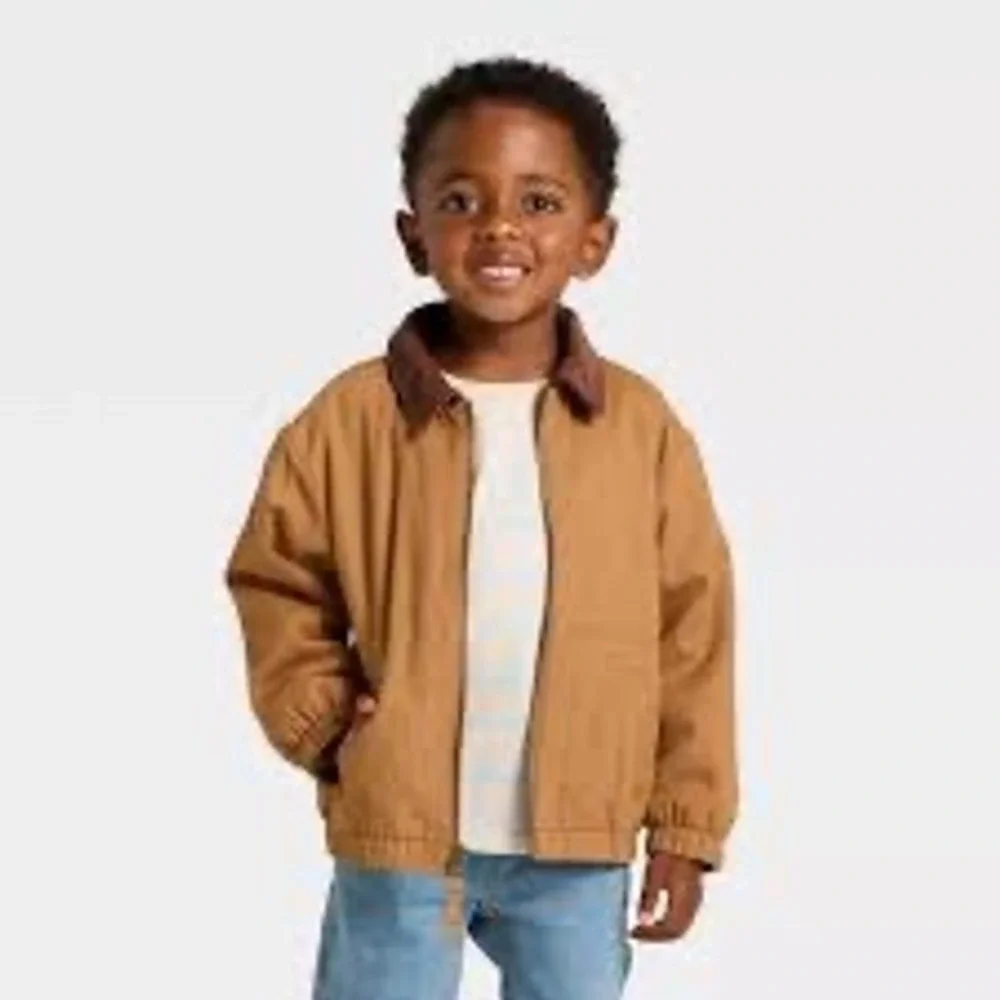 Cat & Jack Toddler Boys Tan Canvas Work Jacket Faux Fur Lining Brown Corduroy 4T